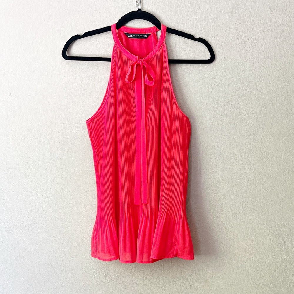 Zara coral red pleated chiffon halter blouse with bow tie front